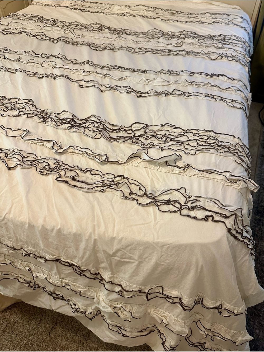 Anthropologie Cream Duvet Cover with Brown Ruffled Trim